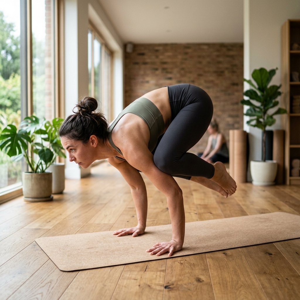 A person balancing on hands with knees tucked on the backs of upper arms, feet lifted