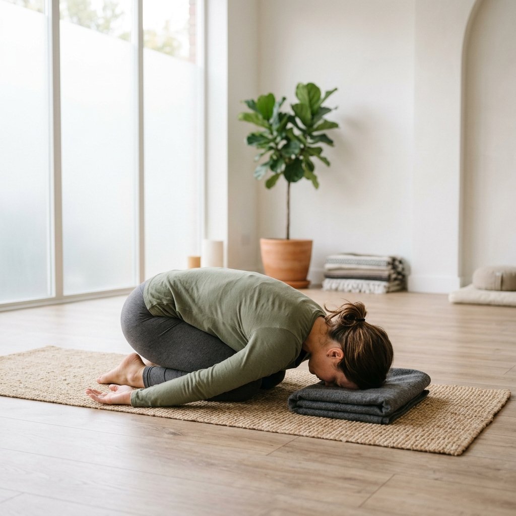 Line illustration of a person resting in Child's Pose, folded forward with hips toward heels