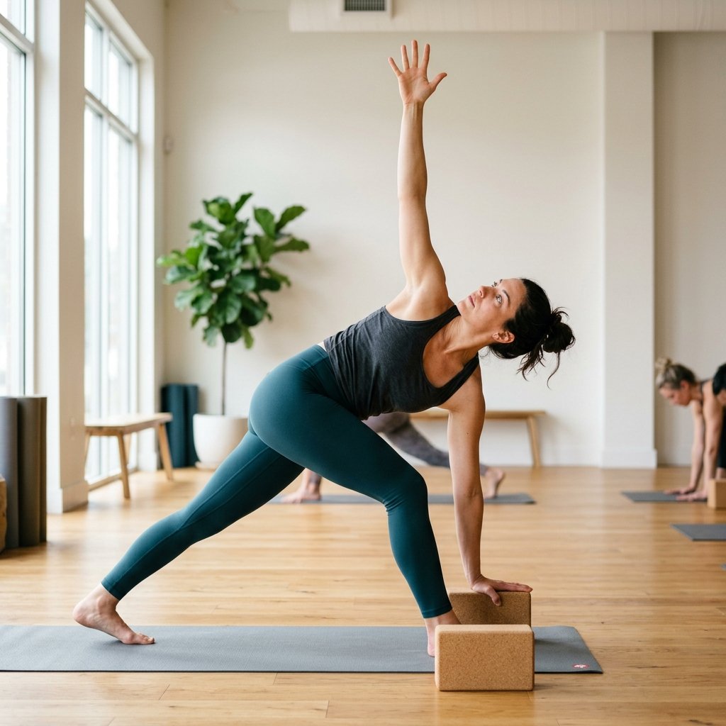 A person in Revolved Triangle twisting toward the front straight leg, top hand pointing up