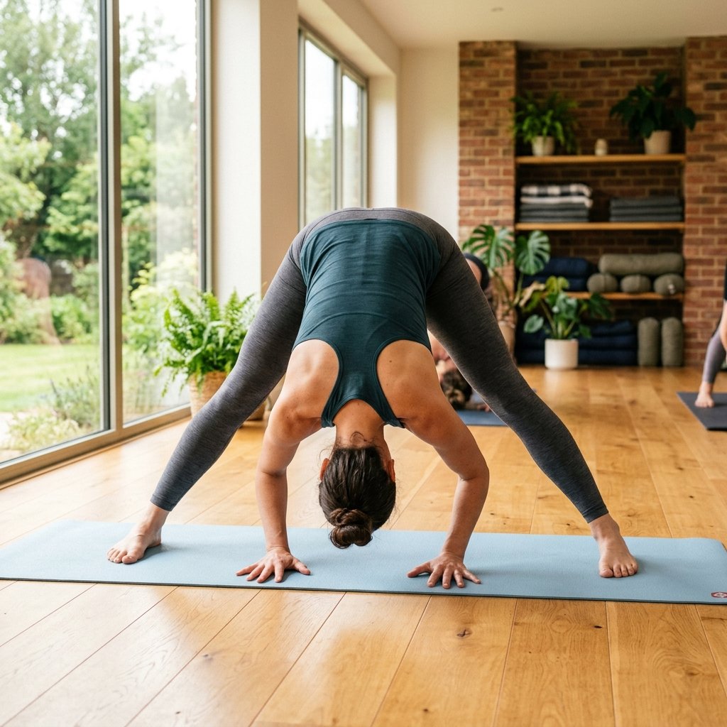 A person in a wide-legged forward fold, head resting near the floor