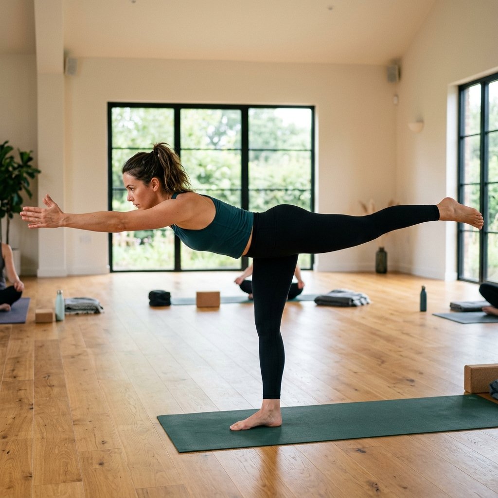 A person balancing on one leg, torso and arms extended forward parallel to the floor
