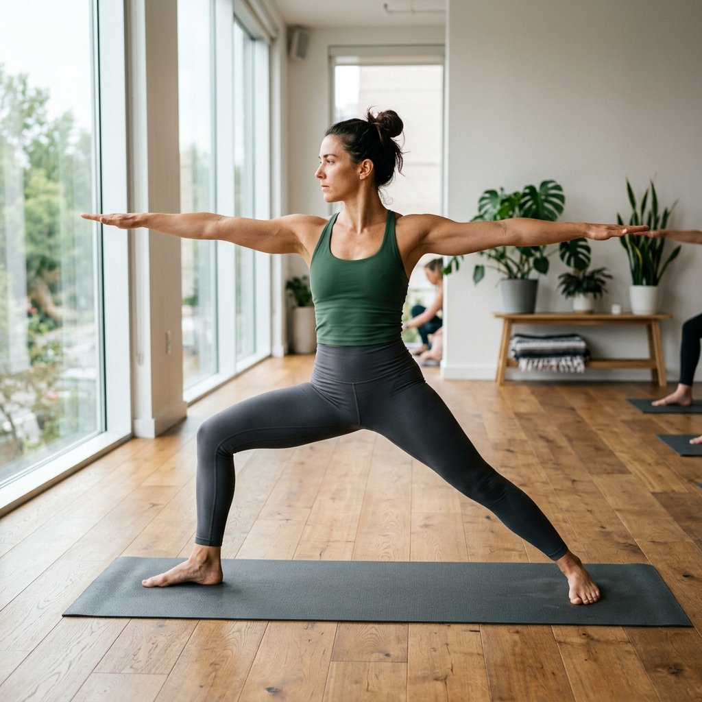 A person in Warrior II pose with arms stretched horizontally and eyes focused forward