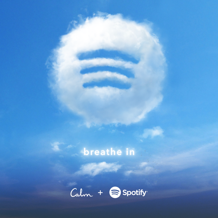 Calm logo of a cloud on a blue background with the Spotify logo of three lines embedded within