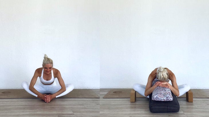 A yoga teacher demonstrates the difference between a yin yoga posture and a restorative yoga posture